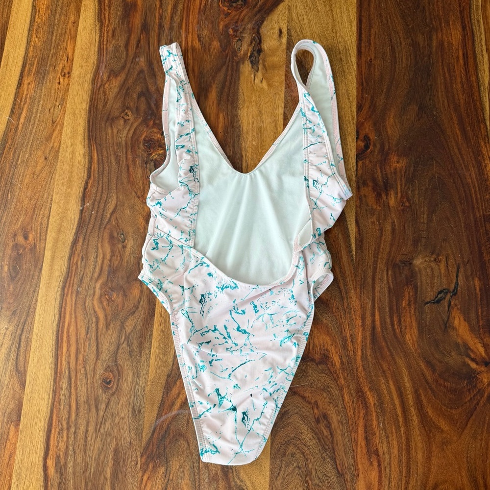 Basta Womens Pink Teal Marble Print One Piece Swimsuit Medium Baywatch Beach - Picture 2 of 7